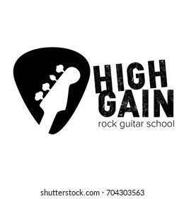 High Gain rock guitar school logo. Bass guitar neck  isolated plectrum shape