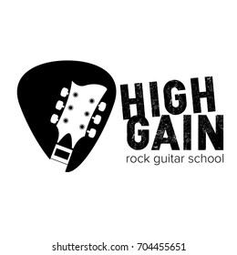 High Gain rock guitar school logo. Guitar neck  isolated plectrum shape