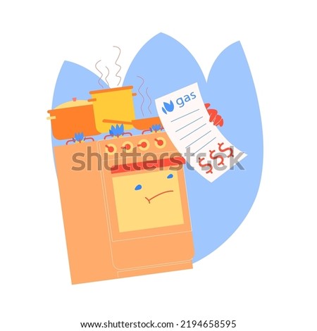 High gas bills. Energy saving and conservation concept. Need to economise. Costs reducing. Save your money. Family budgeting. Editable vector illustration with creative funny character in flat style.