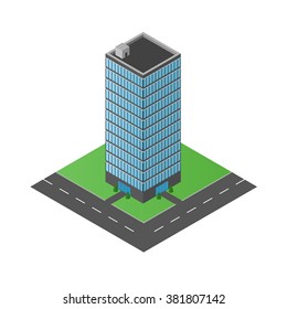 High glass building. The office center. Business center. Multi-story structure. The modern architecture. The road around the house. Vector illustration.