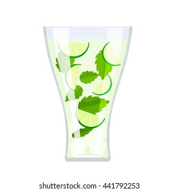High glass glass with a drink mojitos, mint leaves, lime slices and ice cubes on a white 
background. Isolate. Cartoon style. Stock vector illustration