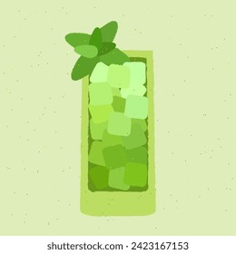 High glass. Fresh mocktail with mint and ice cubes. Green alcohol cocktail for bar. Soft alcohol liquid. Non-alcoholic drink to maintain health. Detox beverage. Flat vector illustration with texture