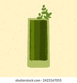 High glass. Fresh smoothie with greens for health. Green alcohol cocktail for bar. Soft alcohol liquid. Non-alcoholic drink to maintain health. Detox beverage. Flat vector illustration with texture