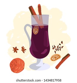 High glass with mulled wine on textured background. Holiday composition with decorations. Flat style illustration. Festive greeting card, banner, poster sketch design. Vector