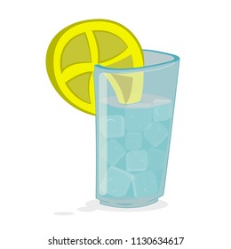 High glass translucent glass with water and ice inside. Lemon's outside. Refreshing cocktail. Figure. Caricature