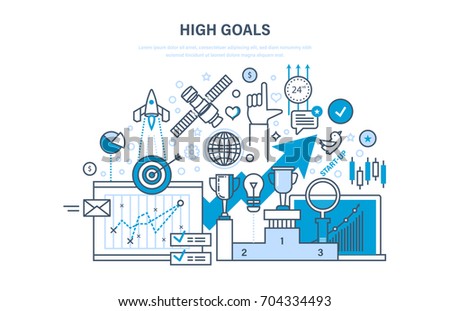High goals concept. Achievement of high goals, self-improvement, leadership, success in business and growth in work, start-up. Illustration thin line design of vector doodles, infographics elements.