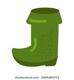 High green boot with curved toe. Holiday costume accessory, shoes leprechaun gnomes, Happy Patrick party element. Simple cartoon vector isolated on white background