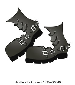 High grey black punk rock shoes, army soldier combat boots with buckles and studs. Isolated vector artistic illustration.