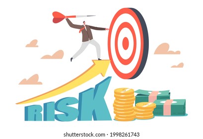 High Growing Risk Concept. Business Man Mission Achievement and Corporate Competition. Tiny Businessman Character Throw Huge Darts to Target. Aim, Challenge, Task and Goal. Cartoon Vector Illustration