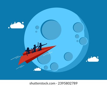 High growth concept. team of businessmen flies a paper plane to the moon
