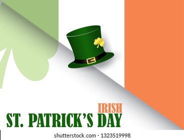 High hat of The Leprechaun on graphic Irish flag colors with the name of event (St. Patrick's Day) lettering on white and crop of shamrock plant background.