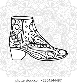 High heel boot antistress coloring page. Vector fashion illustration.