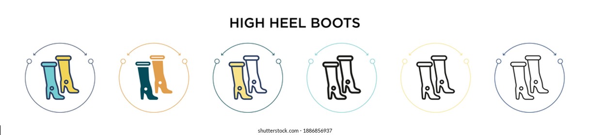 Icono de arranque de tacón alto en el estilo relleno, delgado, contorno y trazo. Ilustración vectorial de dos botas de tacón alto coloreadas y negras los diseños de los iconos vectoriales se pueden utilizar para móviles, ui, web