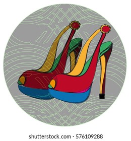 High heel dark red and blue, colored shoes