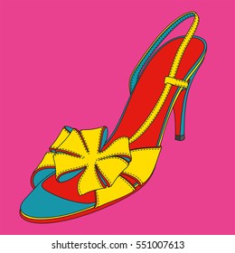 High heel disco sandals. Pop art image. Shoe image. Illustrated fashion dictionary.