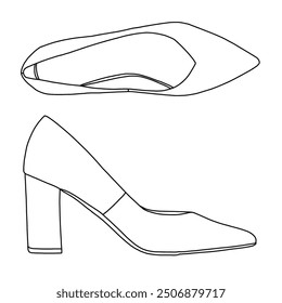 Damen High Heel Kleid Pumpe Zehenspitz Schuh Classic Pump Schuhe Linie Kunst, Technische Skizze Handzeichnung Umriss Vektor Doodle Illustration Seite und Draufsicht einzeln auf weißem Hintergrund