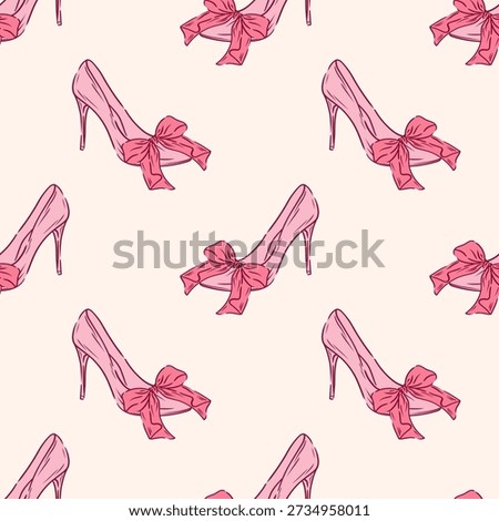 High heel elegant shoe decorated with pink bow on beige background. Coquette seamless pattern. Feminine fashion design for fabric, clothing, stationery.