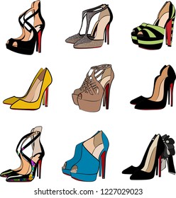 High Heel fashion shoe woman vector set isolated doodle objects