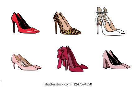 High Heel fashion shoe woman vector set isolated doodle objects, fashion illustration