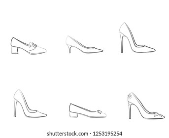 High Heel fashion woman shoe  vector set isolated on white background. doodle objects fashion illustration