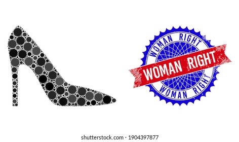 High heel lady shoe vector collage of sharp rosettes and WOMAN RIGHT textured stamp. Bicolor WOMAN RIGHT stamp uses rosette shape, red and blue colors.