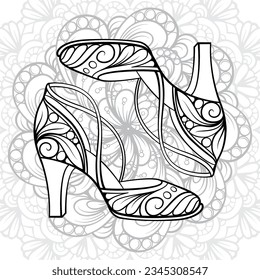 High heel pair of shoes antistress coloring page. Vector fashion illustration.