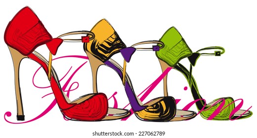 High heel  red, yellow, green shoes