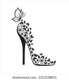 High heel shoe with butterflies and flowers isolated on a white background.