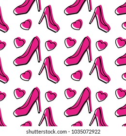 high heel shoe with hearts pattern background