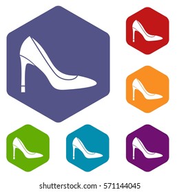 High heel shoe icons set rhombus in different colors isolated on white background