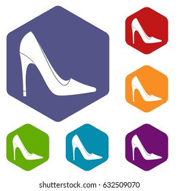 High heel shoe icons set hexagon isolated vector illustration