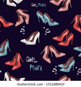 High heel shoe seamless pattern. Simple illustration of high heel shoe on dark blue background vector. Fashion design. print fabric textile, wallpaper, wrapping paper. hand drawing, girl power. pink