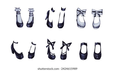 High heel shoes color vector illustration set. Anime women footwear collection on white background. Japanese manga art element style