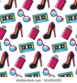 high heel shoes fragrance cassette eyeglasses background pop art elements vector illustration