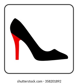 High heel shoes icon. Elegant black  and red silhouette. Information sign. Women shoe symbol. Fashion label. Female of shoe in square isolated on white background. Stock Vector illustration.