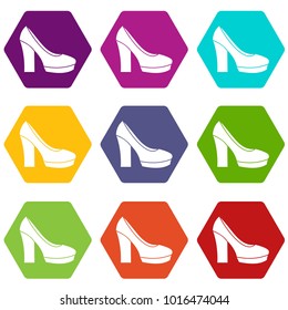 High heel shoes icon set many color hexahedron isolated on white vector illustration