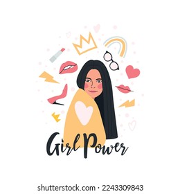 High heel shoes, lipstick, crown, glasses, young woman, lightning. 'Girl Power' concept in flat style. Feminism. Vector illustration for International women's day.  