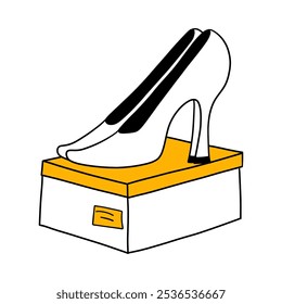 High heel shoes on box. Stylish elegant women pair shoe. Cartoon hand drawing flat shopping icon. Fashion shop element. Isolated vector illustration on transparent background 