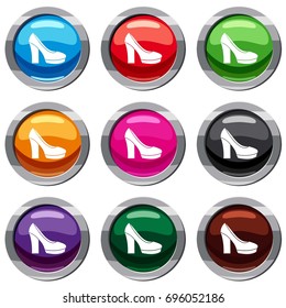 High heel shoes set icon isolated on white. 9 icon collection vector illustration