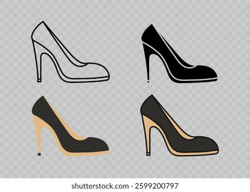 High Heel Shoes In Various Styles. Fashionable Stiletto Footwear Icons For Design, Branding, Apparel. Design Template for Fashion, Shopping, Luxury, Elegant Style Concept. Vector Illustration