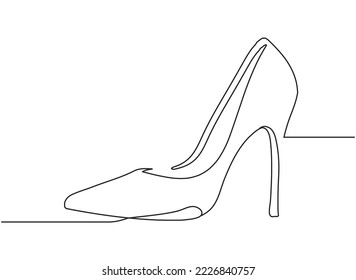 High Heel Trendy Line Art Drawing. Women's Shoe Minimalistic Black Lines Drawing. Female Elegant Shoe Continuous One Line Abstract Illustration.