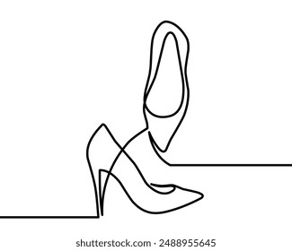 High Heel Trendy Line Art Drawing. Women's Shoe Minimalistic Black Lines Drawing. Female Elegant Shoe Continuous One Line Abstract Illustration. simple linear style.