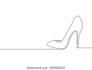 High Heel Trendy Line Art Drawing. Women's Shoe Minimalistic Black Lines Drawing. Female Elegant Shoe Continuous One Line Abstract Illustration. Vector EPS 10