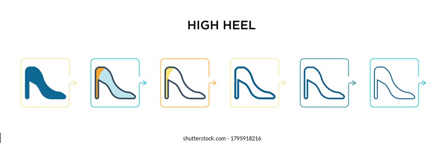 High heel vector icon in 6 different modern styles. Black, two colored high heel icons designed in filled, outline, line and stroke style. Vector illustration can be used for web, mobile, ui