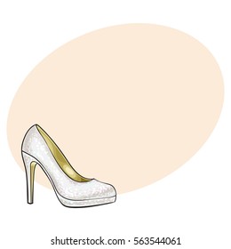 High heeled, glittering, elegant white colored wedding shoe, sketch style illustration on background with place for text. 