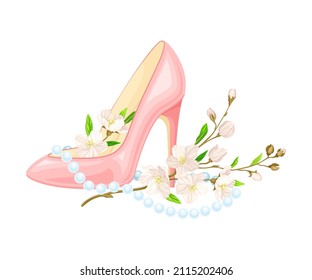 High Heeled Pink Shoe with Blooming Flowers and Bead Necklace as International Women s Day Holiday Symbol Vector Illustration