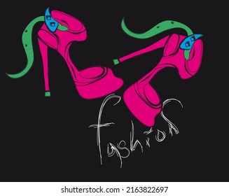 High heels pink shoes on black background