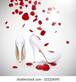 high heels and red rose petals