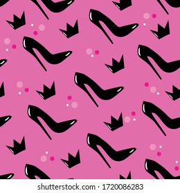 High heels shoes seamless pattern, with crown, on pink background.
Good for textile print, wall and wrapping paper.