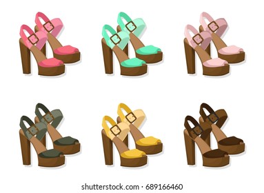 High heels shoes set collection summer trends Vector detailed illustrations